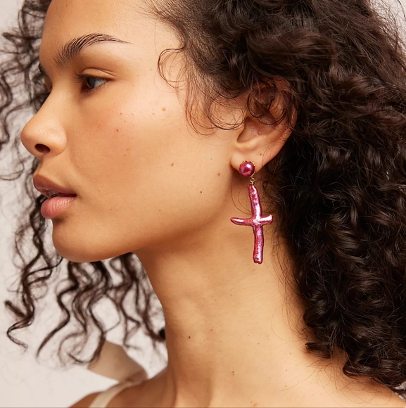 NWT Free People X Ariana Ost Pearl Cross Dangle Earrings in Blue SOLD OUT - Picture 5 of 5